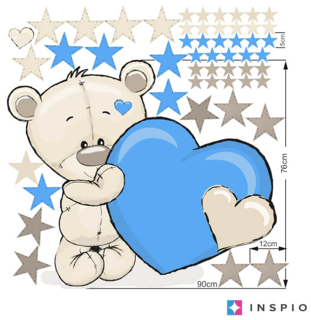 Sieninis lipdukas berniukams - Meškiukas su mėlynomis žvaigždėmis ir širdele