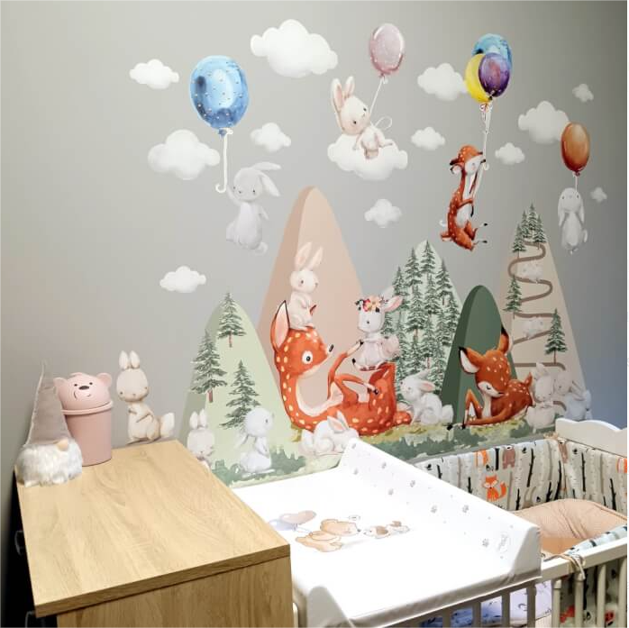 Sieniniai lipdukai vaikams – kalvos su elniais ir zuikiais