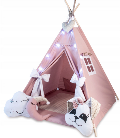WIGWAM TIPI palapinė Kilimėlis Pagalvėlės Šviesos girlianda