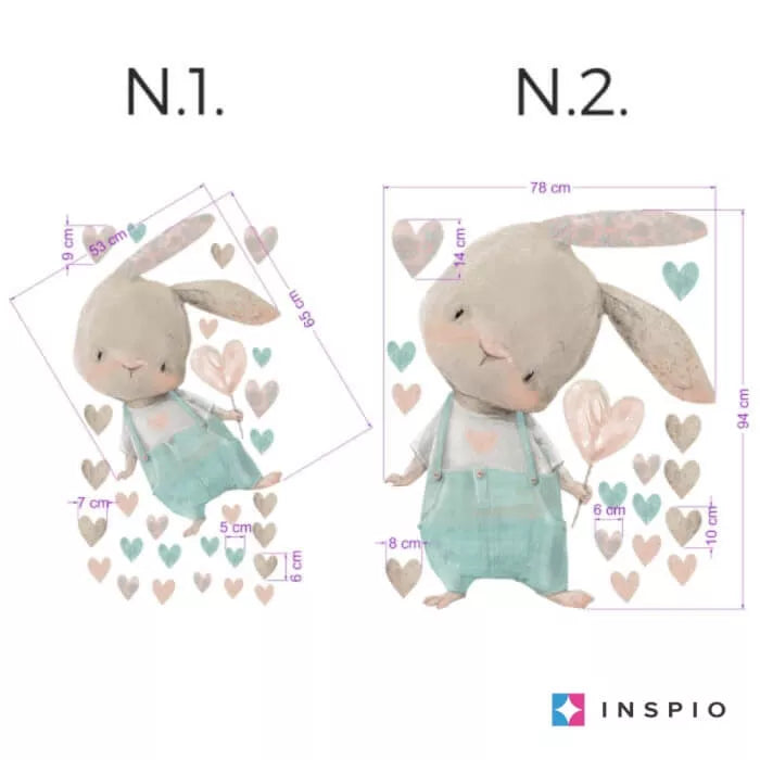 Kiškučio lipdukas su širdele - sienos lipdukas
