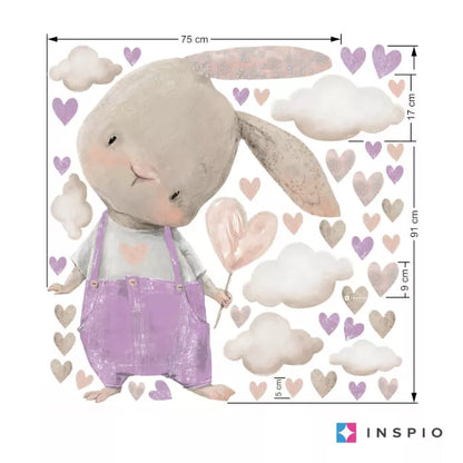 Lipdukas mergaitei - violetinis zuikis su širdelėmis ir vardu